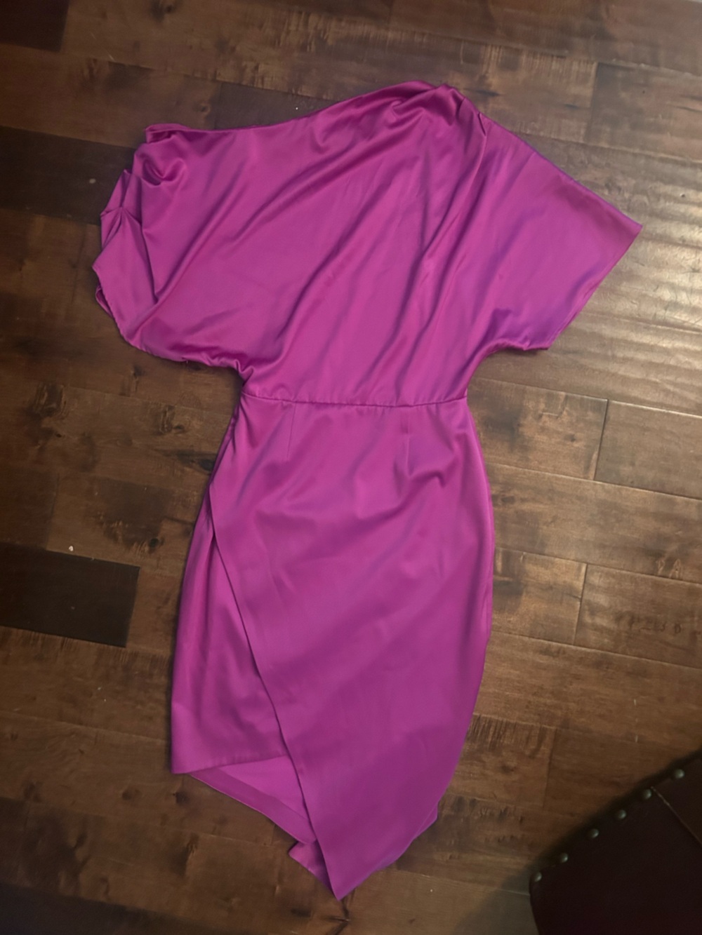 Women's Fuchsia Midi Dress - Elegant Gathered Waist so